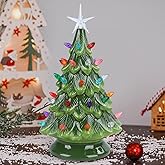 VCUTEKA Small Ceramic Christmas Tree Hand-Painted Vintage Tabletop Green Christmas Tree Holiday Decoration with Multi-Color Lights 12.2 inch