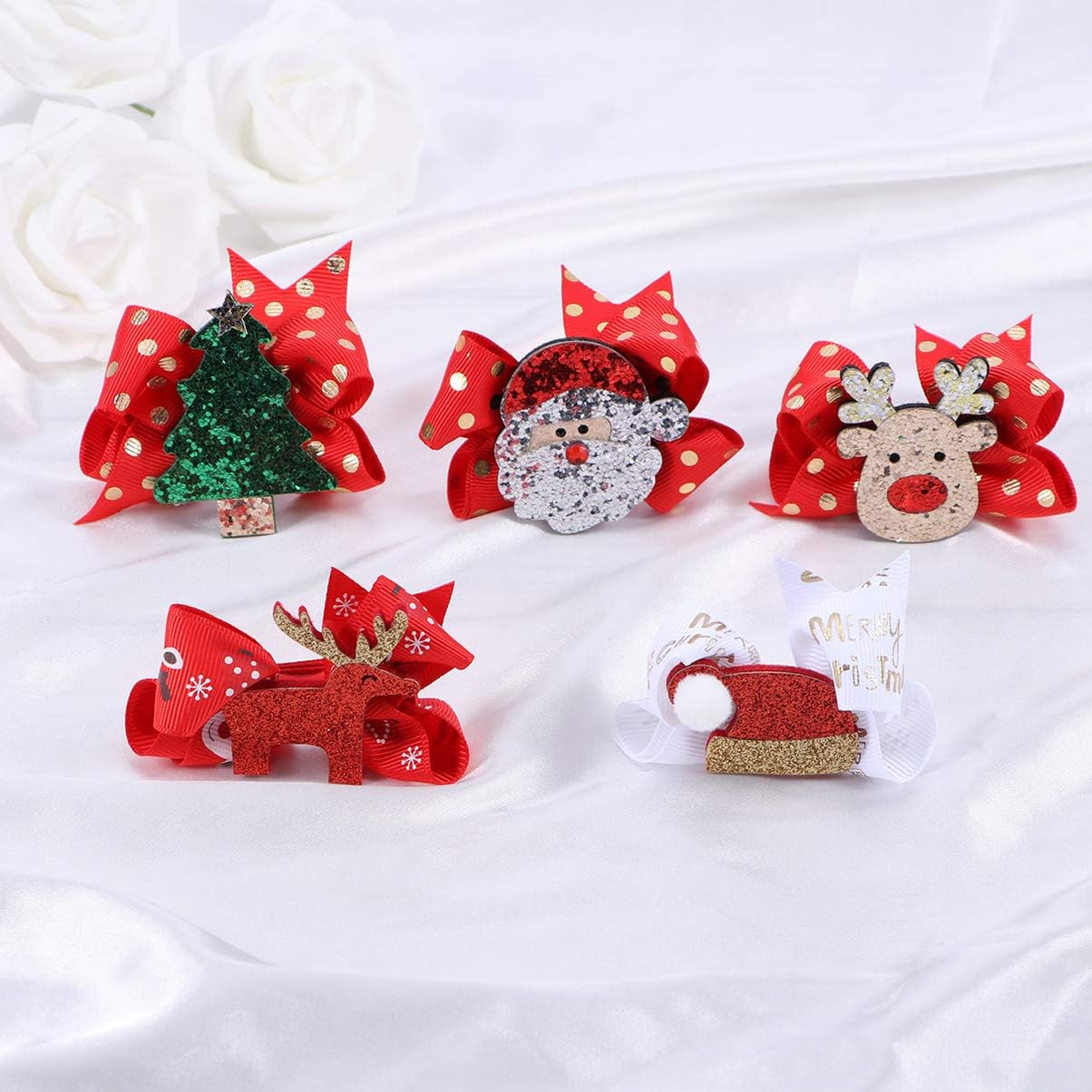 Lurrose Christmas Bow Hair Clip Elk Hairpin Sequin Hair Bow Grosgrain Clip for Girls Children Christmas Party Festival Hair Decor,5pcs - Image 5