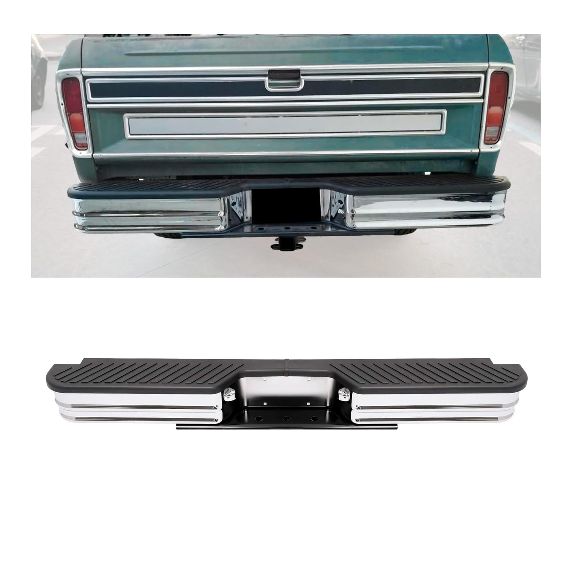 Photo 1 of *** PARTIAL SET *** HECASA Universal Rear Step Bumper Compatible with 1967-1998 Chevy Chevrolet GMC C/K Fleetside Dodge Fleetside Ram charger Ford Bronco F250 F350HD SuperDuty F-Series Styleside with Lights Silvery+Black