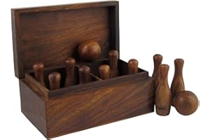 Ajuny Wooden Handcrafted Set of 10 Bowling Pins 2.25 Inch Each and 2 Mini Bowling Bowls 1.25 Inch Game for Adults Kids Home Office Desk Toys Gift