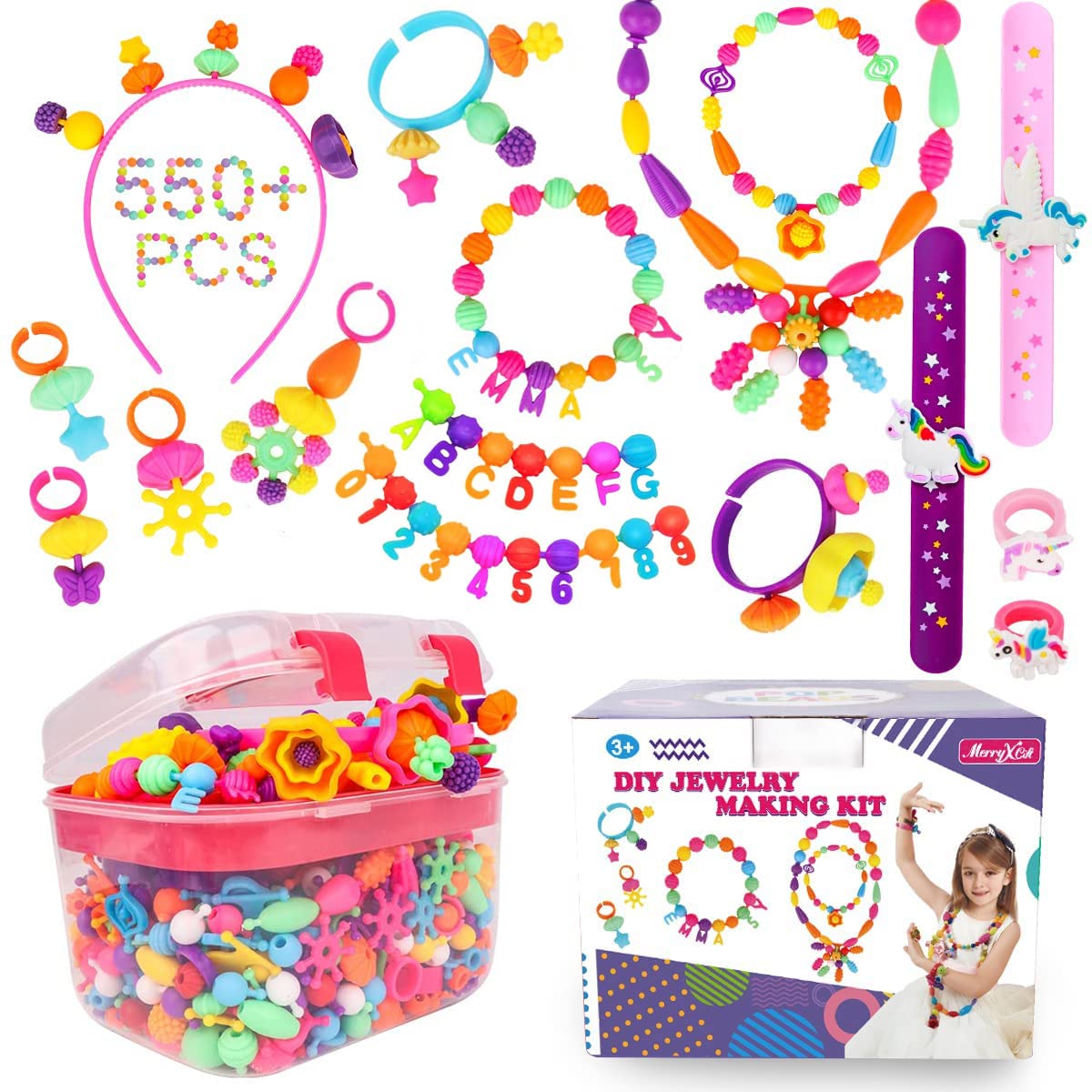 Kids Jewellery Making Kit for Girls Gifts with Unicorn Slap Bands, Pop Snap Beads Set to Make Bracelet Necklaces, Craft Kits for Kids Toys for 3 4 5 6 7 Year olds