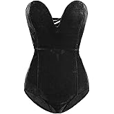 Women's Vintage Velvet Bodysuit Deep V Strapless Sexy Cross Back Bodycon Jumpsuit