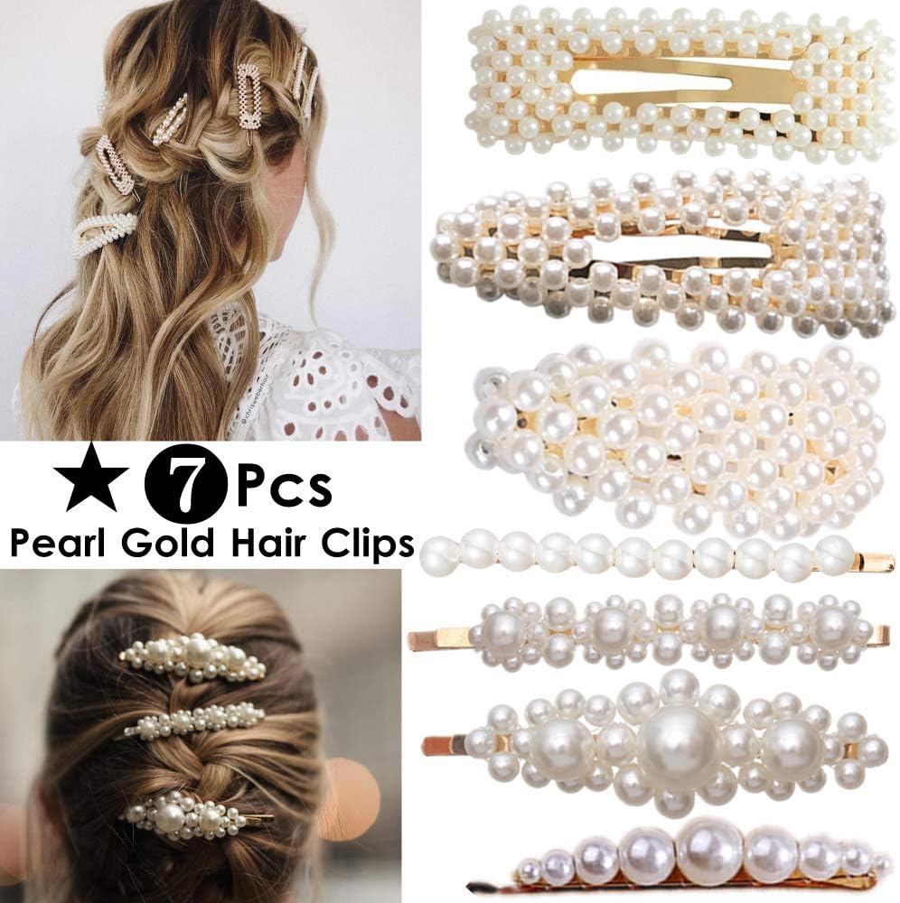 ANGELANGELA 7PCS Gold Oversized Pearl Hair Clips for Women Girls Mom Kids, Mother day gift, Beaded Hairpin, Hair Styling Tools Accessories Barrettes Geometric Ponytail Holder