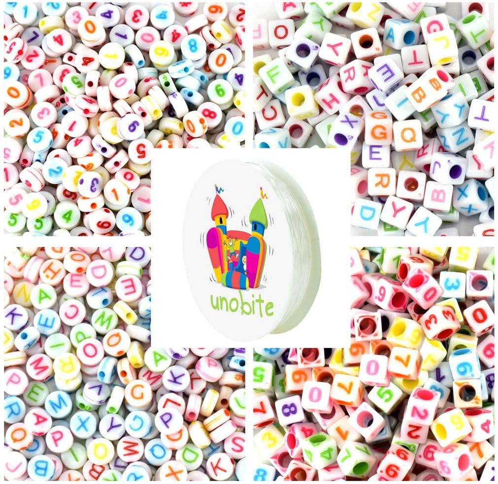 Unobite 1000 Pieces Alphabet and Numbers Beads, 4 Style Round and Square Shape, A-Z Letters and 0-9 Beads for Jewelry Making, Bracelets, Necklaces, Key Chains with 1 Roll Elastic Beading Cord