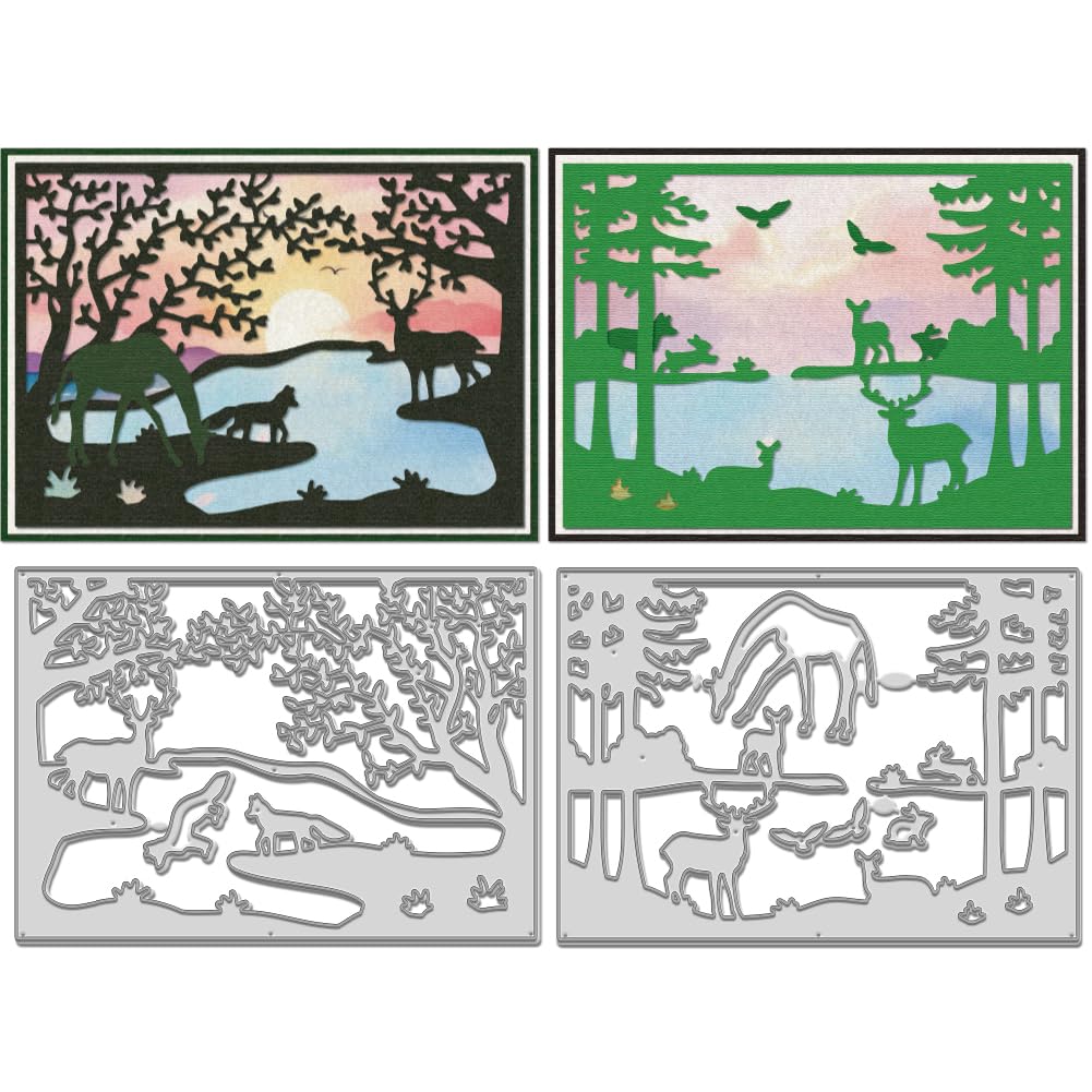 WADORN 2Pcs Lake Landscape Theme Metal Cutting Dies Stencils, Lake Giraffe Rabbit Carbon Steel Cutting Die Set for DIY Scrapbooking Making Lakeside Animals Embossing Template for Photo Album Paper