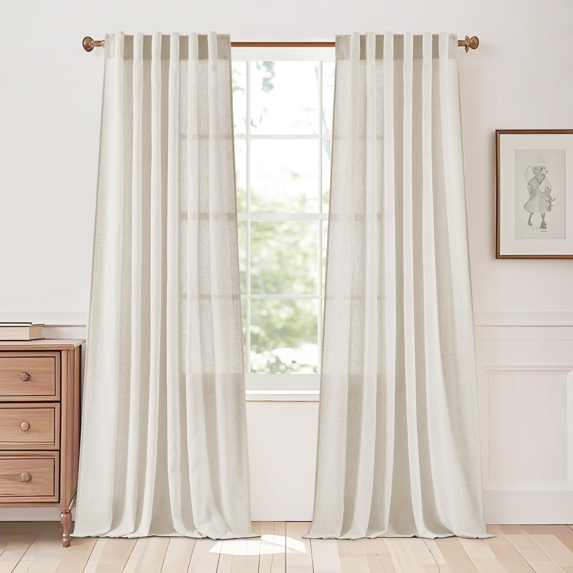 Photo 1 of StangH Linen Blended Semi Sheer Curtains for Living Room, Cream Breathable Privacy Bedroom Drapes Light Diffusing Neutral Farmhouse Décor for Office Dining Room, W55 x L90, 2 Panels