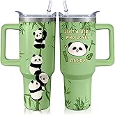 40oz Panda Stainless Steel Tumbler with Handle and Straw, Insulated Cup Travel Coffee Mug Water Bottle with Lid and Straw, Animal Lovers Women Gifts