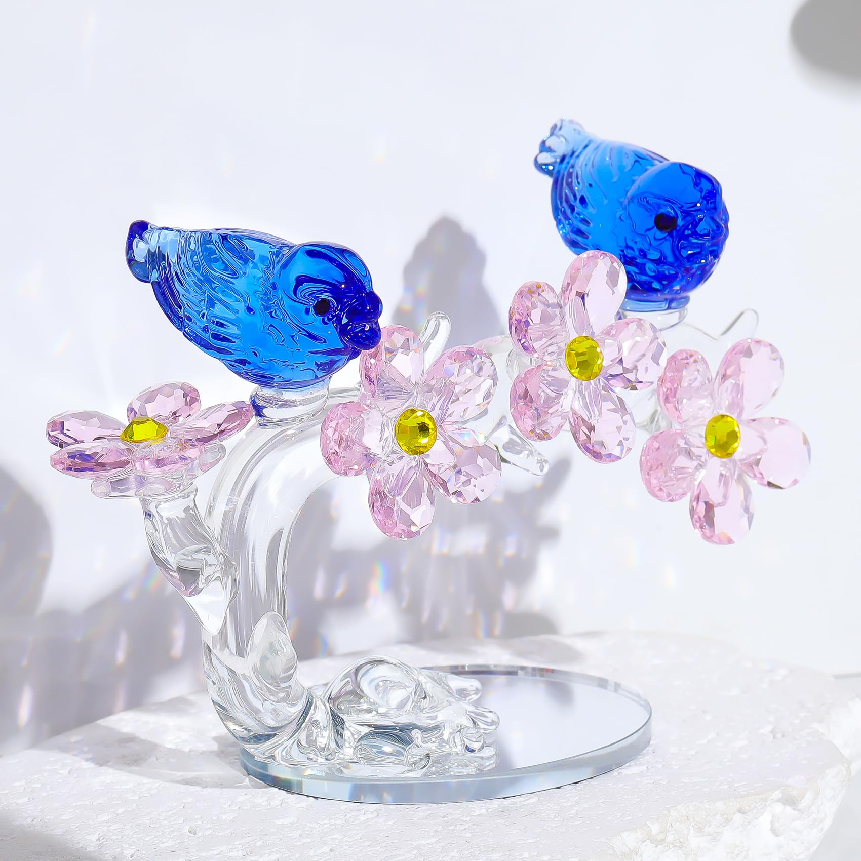 Crystal Flowers with Birds Couples Gifts for Wedding Sapphire Anniversary Glass Floral Animal Collectible Figurines Presents for Newlyweds Married Couple Housewarming Ornaments for Parents (Blue)