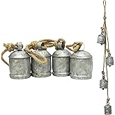 Set of 4 Cow Bells Cluster Rustic Galvanized Iron Hanging Bells with Natural Jute Rope Handcrafted Vintage Wind Chime for Indoor & Outdoor Use Perfect Farmhouse Wall Art or Garden, Patio
