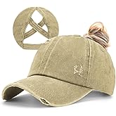 Epsoco Womens Criss Cross Ponytail Baseball Cap Distressed Ponytail Hat High Messy Bun Trucker Ponycap for Outdoor Sports