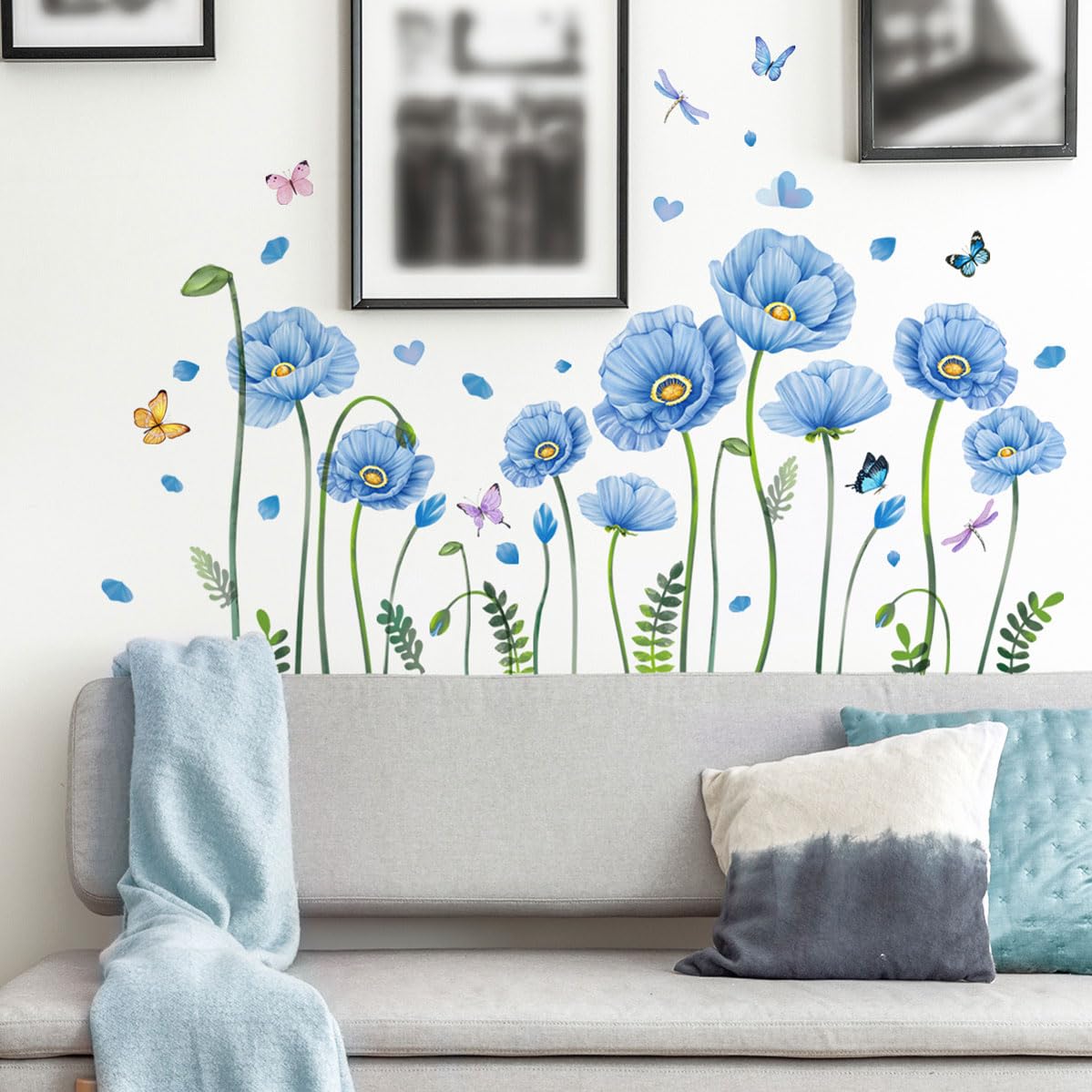 Timelesslong Blue Lotus Flowers Wall Stickers for Living Room Bedroom, Vinyl Butterfly Wall Decals Removable Floral Wall Murals Peel and Stick Flower Wall Art Decor Wallpaper for Adult Room Office