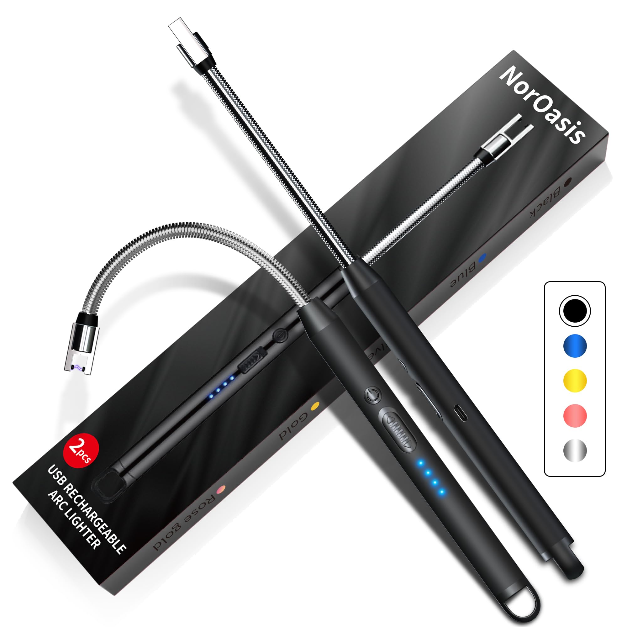 2-Pack Rechargeable Electric Candle Lighters, Flameless Windproof Long Lighter with 360° Flexible Neck and LED Display for Candles, Camping, BBQ & Fireplace (Black)