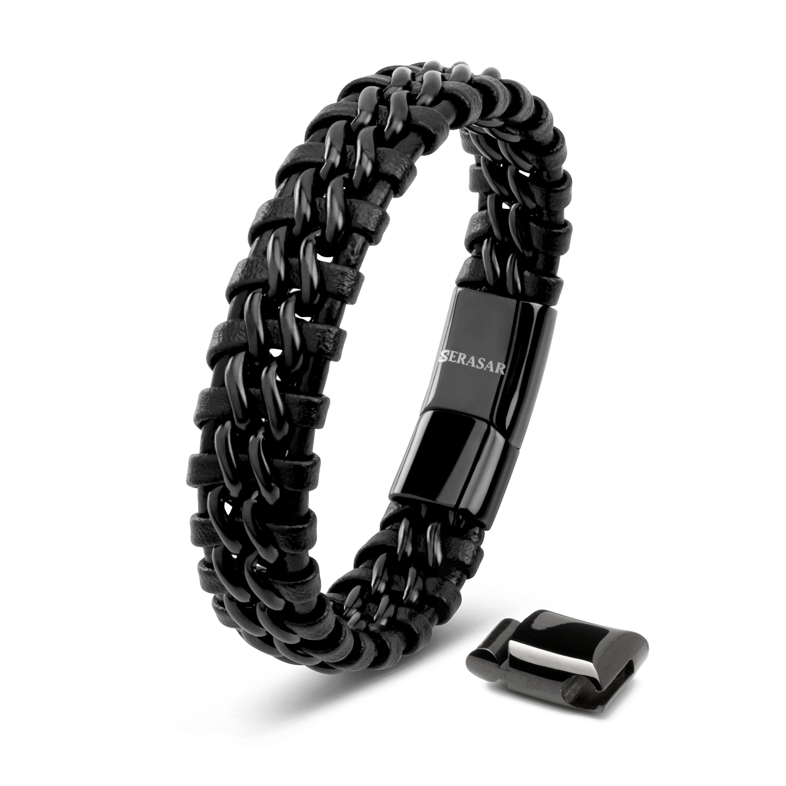 SERASAR Leather Wrist Band 23cm Black Bracelet Men GiftBox Genuine Braided AdjustAble Magnetic Clasp MultiLayer Wrap Rope Mans Male Mens Bracelets Jewelry Magnet Accessories — image 1