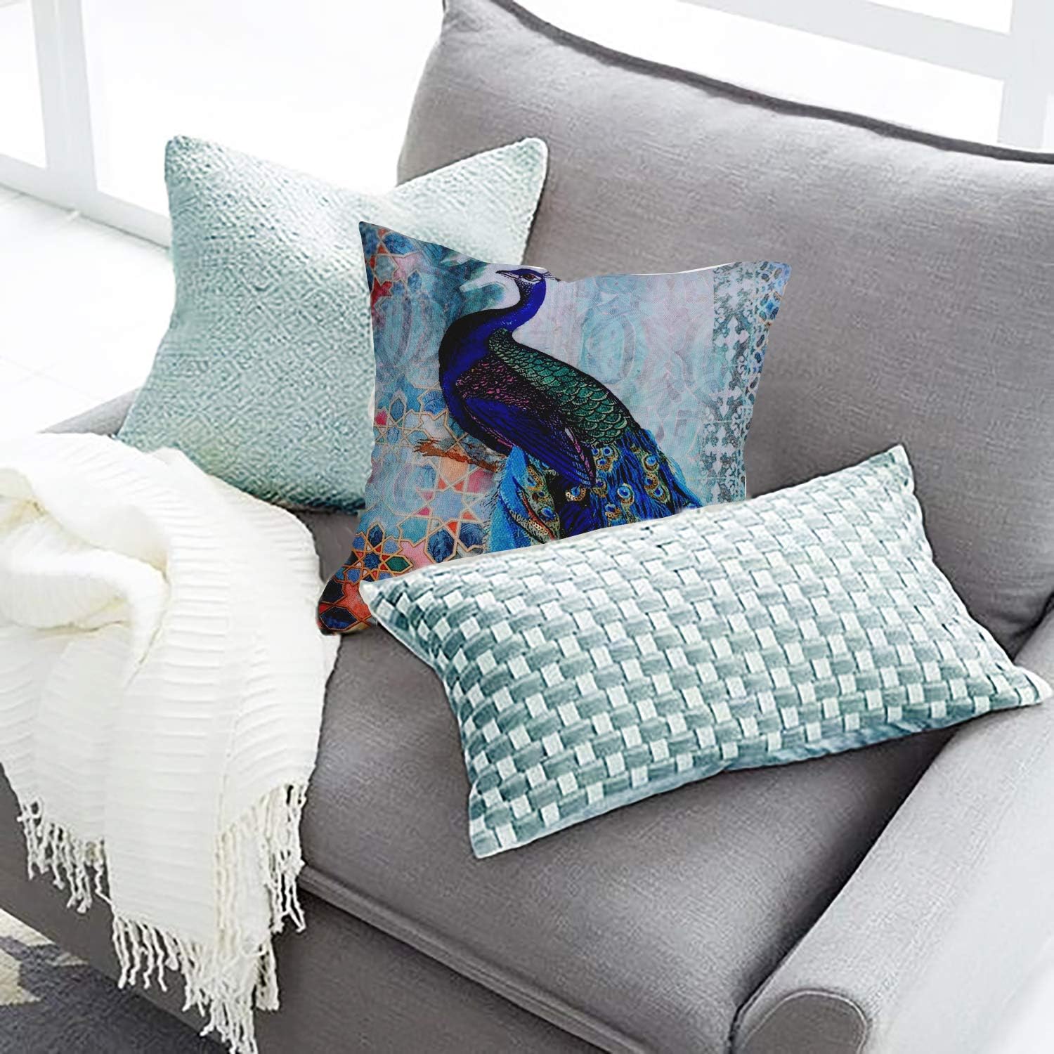 Decozen Decorative Throw Pillow with Insert 18"x18" inches in 1 Set Peacock Print Embellished for Couch Sofa Bed Living Room Bedroom Farmhouse Patio: Home & Kitchen