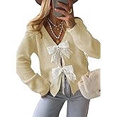 Cakulo Womens Bow Tie Sweater V Neck Cardigan Sweaters Lightweight Fall Fashion Knit Cardigans Winter Clothes 2025 Vanilla S