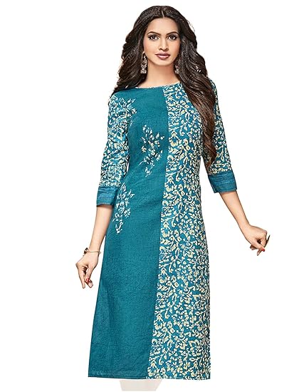 Women's Pure Cotton Teal Battik Print Kurta/Kurti (K-1307)