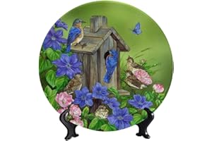 LIGUTARS Flowers and Birds Ceramic Hanging Decorative Plate, 10 Inch, Bird House on Cherry Tree Round Decorative Plate with Vertical Stand for Table Accessory Decor or Bedroom Living Room Bathroom Wall Decor