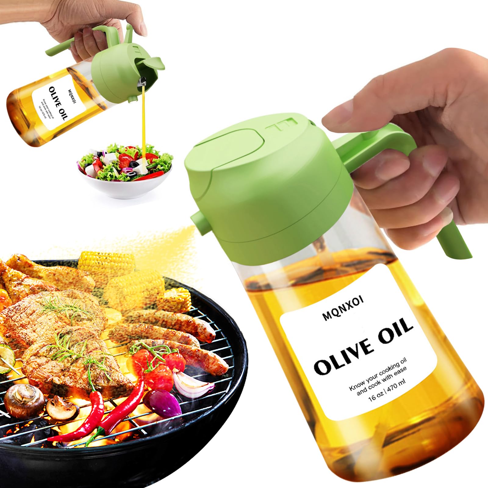 Photo 1 of 2 in 1 Glass Oil Sprayer & Dispenser,16oz/470ml Olive Cooking, Air Fryer, and Salad, for Kitchen Gadgets and Air Fryer Accessories, w/Stickers (Green)