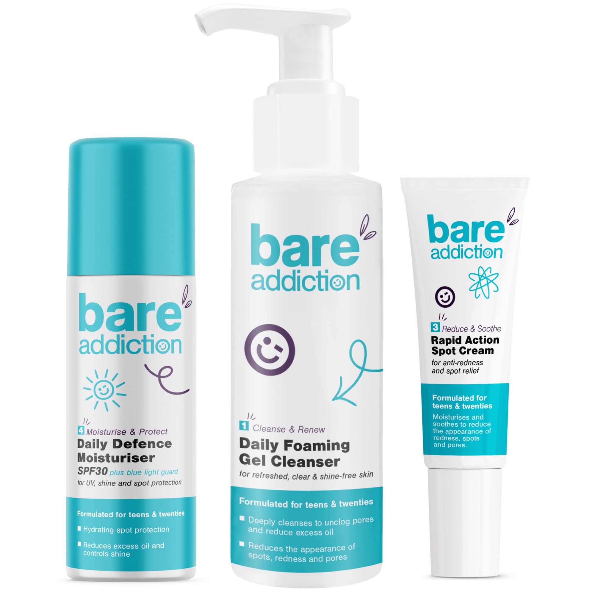 Bare Addiction Everyday Skincare Day Moisturiser Spot Cream and Daily Foaming Gel Cleanser: For Teens and Twenties