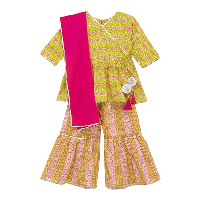 LIL PITAARA By Hopscotch Girls Cotton Angrakha Kurti,Sharara Set With Dupatta in Multi Color