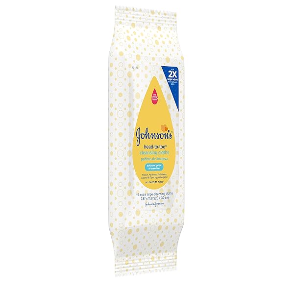 JOHNSON’S HEAD-TO-TOE GENTLE BABY CLEANSING CLOTHS, HYPOALLERGENIC AND PRE-MOISTENED BABY BATH WIPES, FREE OF PARABENS, PHTHALATES, ALCOHOL, DYES AND SOAP, 15 CT