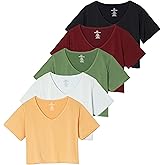 Real Essentials 5 Pack: Women's Dry-Fit Short Sleeve V-Neck Crop Top Boxy Athletic Tee