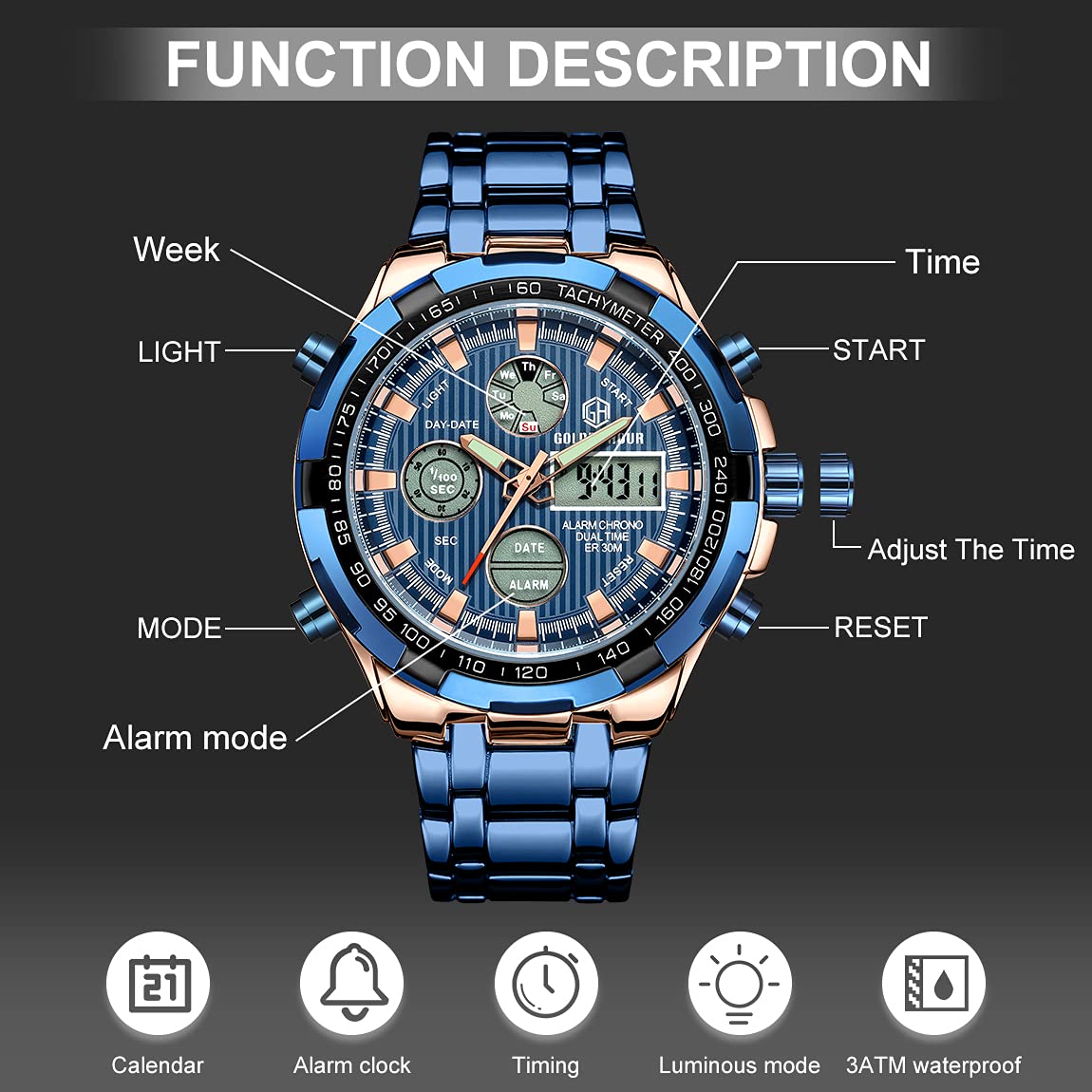 Affute Armbanduhr für Herren, Schwerer Chronograph aus Edelstahl, wasserdicht, mit Datums- und Alarmfunktion, Analog-/Digitalanzeige (Rose Gold Blue)