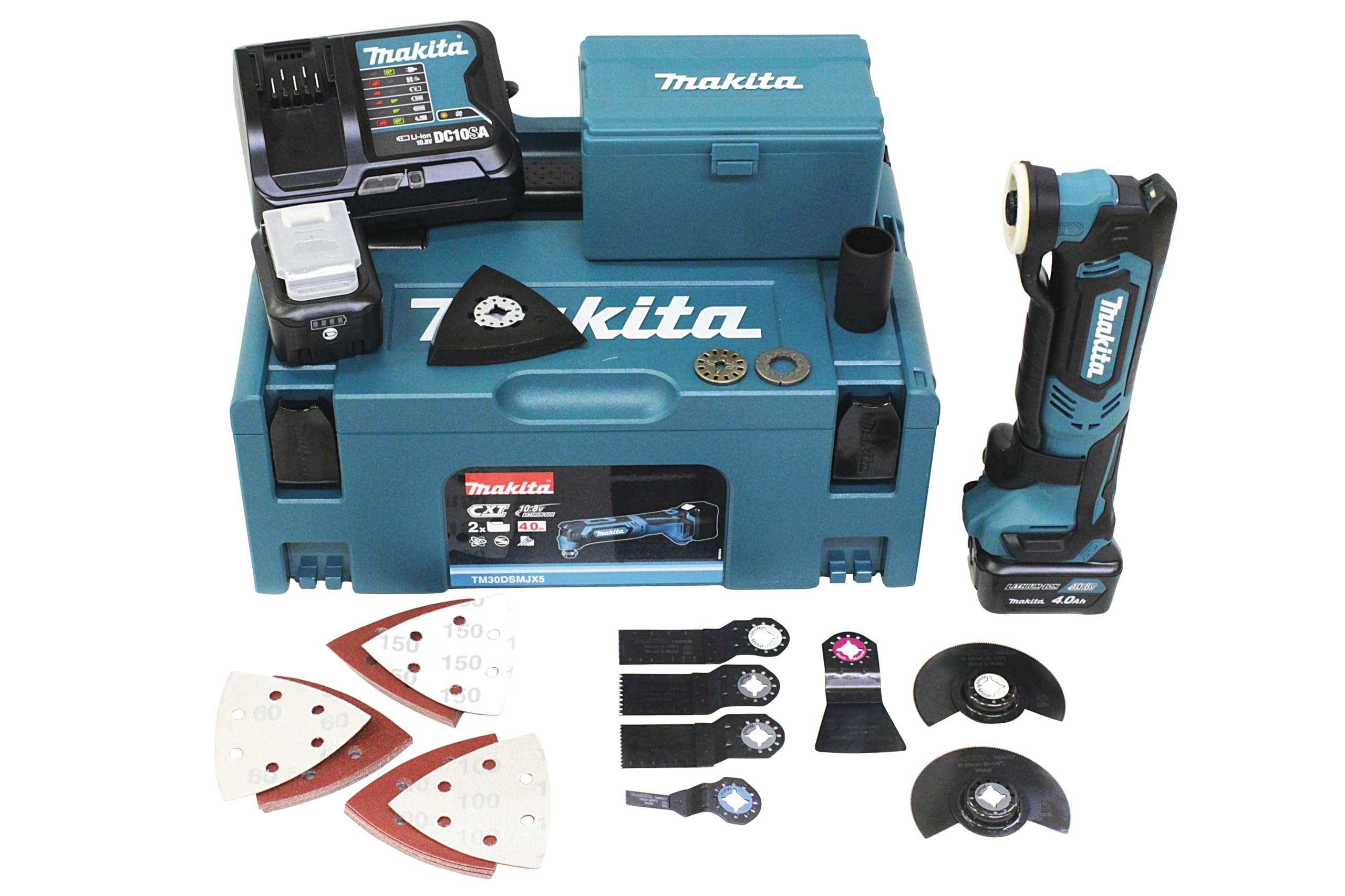 Makita TM30DSMJX5 Akku-Multifunktionswerkzeug 10,8 V / 4,0Ah, 2 Akkus, Ladegerät, MAKPAC inklusiv 41tlg. Zubehör-Set, 170 W, 10.8 V, türkisschwarz, mit 2X 4,0 Ah inkl. Sortiment Einsatzwerkzeuge