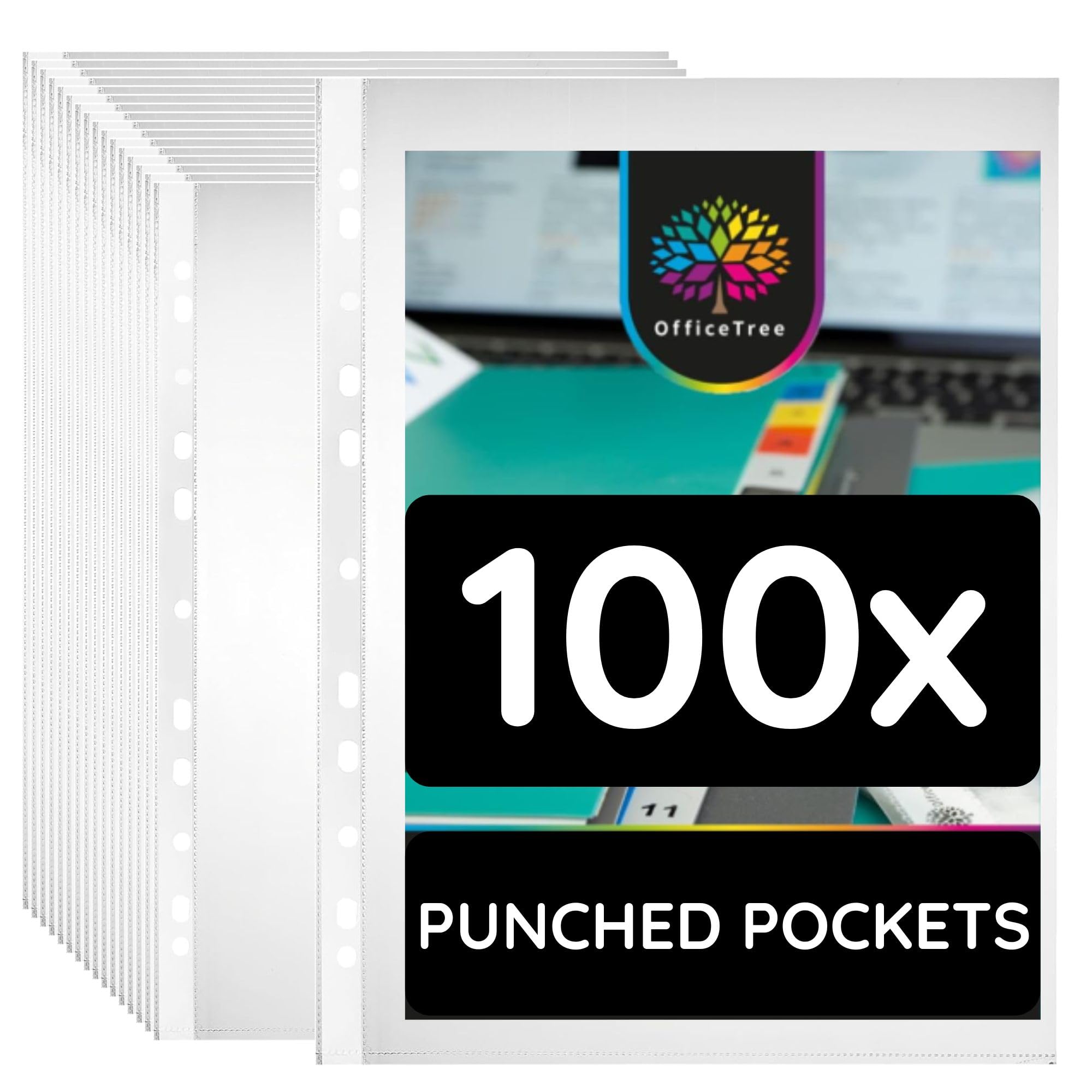 OfficeTree 100x Punched Pockets A4 - Crystal Clear Plastic Wallets A4 Punched incl. 1 to 12 Register - Strong Plastic Sleeves for Documents - Document Wallets - Poly Pockets Stationary