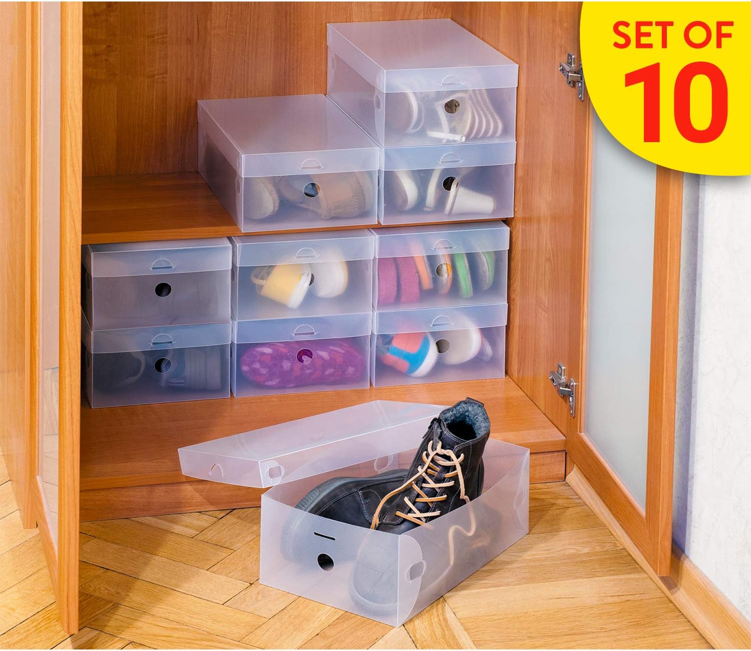 Tatkraft Glasgow Clear Stackable Shoe Boxes for Storage Set of 10