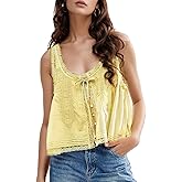 Wyeysyt Women Lace Trim Tank Tops Summer Flowers Boho Semi Sheer Tie Button Front Tops Sleeveless Mesh Going Out Cami Shirt