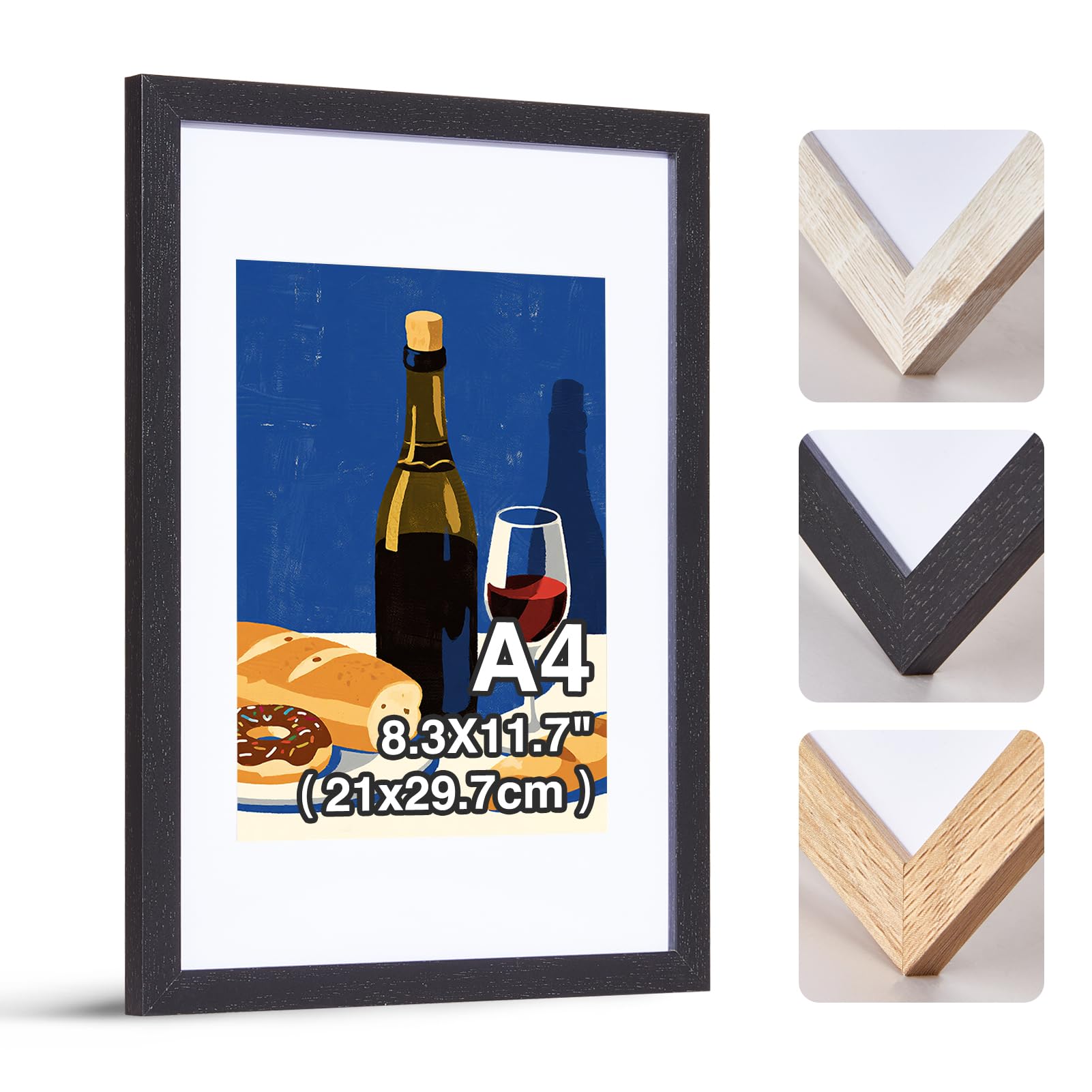 HOUSE DAY A4 Picture Frames, 1pcs Wooden Black Photo Frames for Wall Mount, Family Photos with Clear Perspex Sheet, A4 Wall Frame for Certificate Wedding Photo or Poster 29.7x21cm