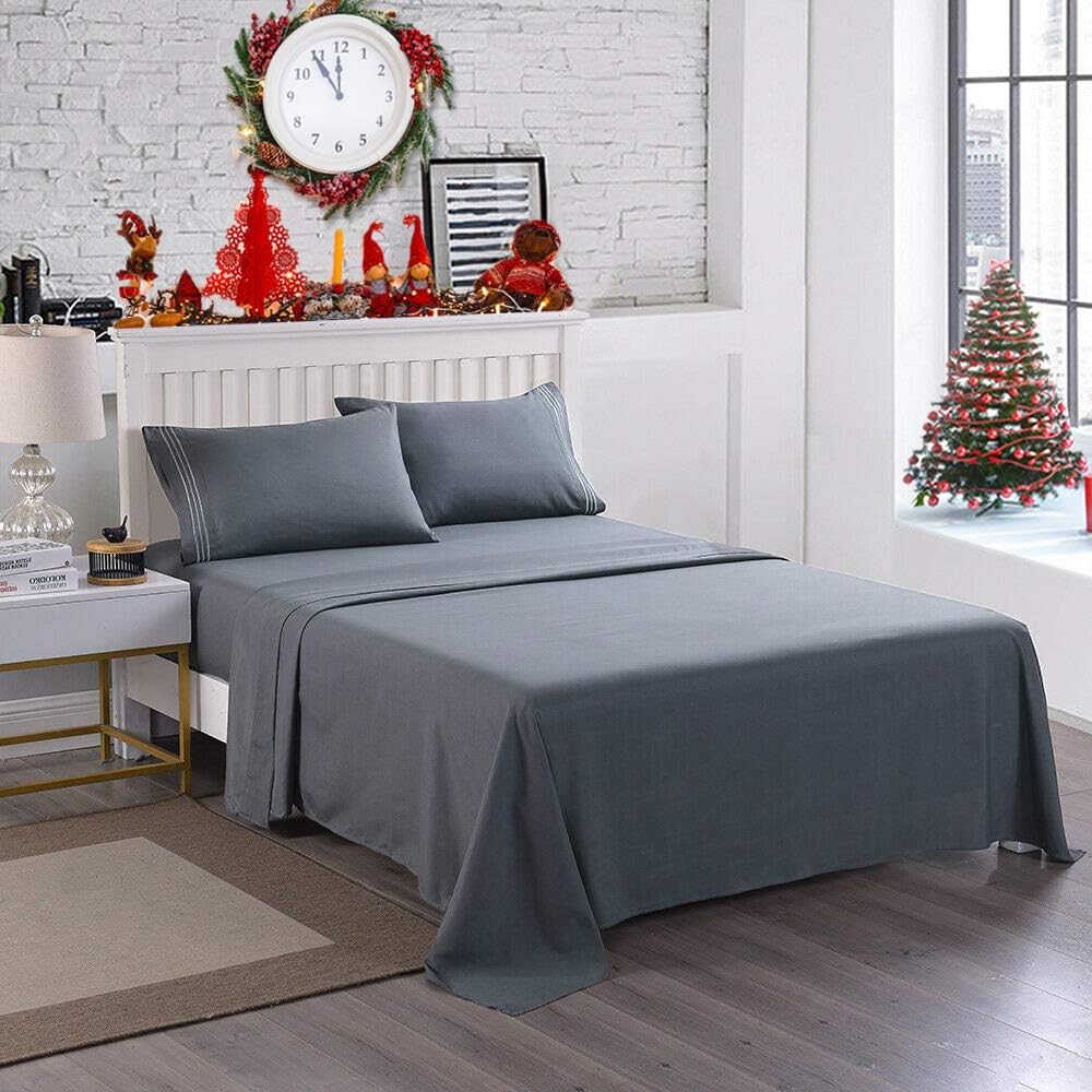 Wonwo Bed Sheet Set Queen Size Hotel Luxury Quality Sheets Brushed Microfiber 1800 Thread Count Sheets Hypoallergenic 16 inch Deep Pocket, 1 Flat Sheet, 1 Fitted Sheet, 2 Pillowcases, Grey: Kitchen & Dining
