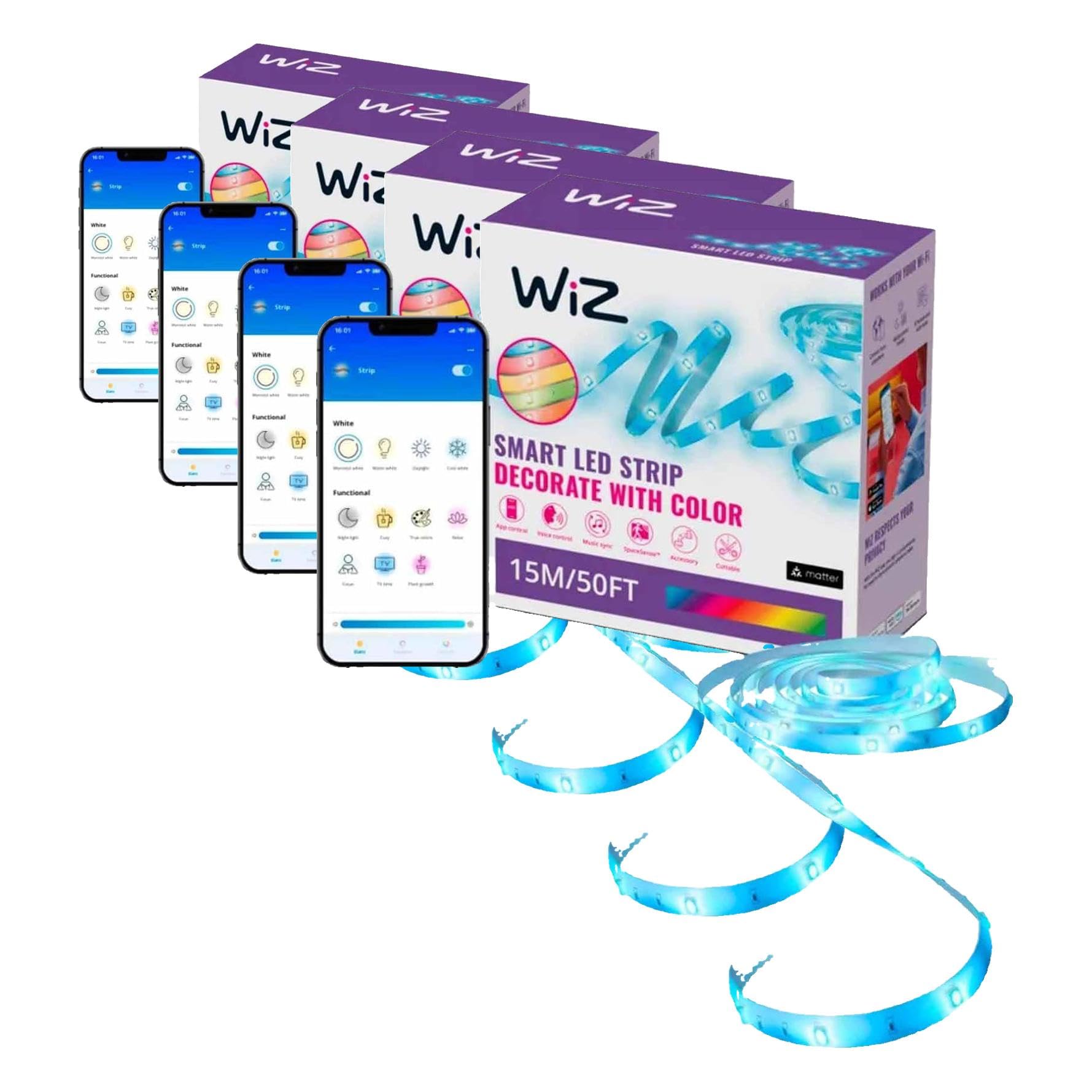 WiZ LED Smart Light Strip – Sunset to Sunrise Automation + Preset Light Modes + Control with Voice or App, Full Color RGB, Works with Alexa, Google Home, and HomeKit – 50 ft Cut to Fit (Pack of 4)