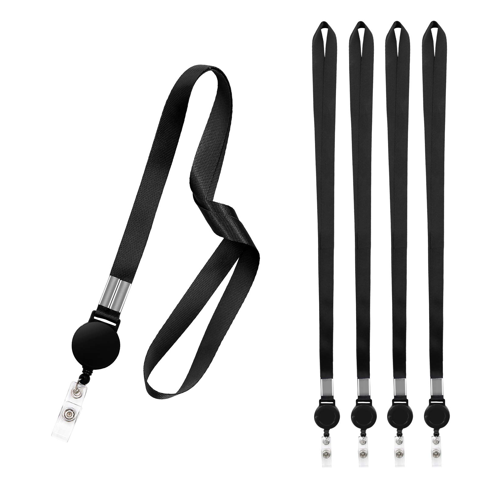 Fushing 5 Pcs Retractable Reels Key Chains Lanyards Neck Strap Band for ID Badge Holder for Business School Event (Black)
