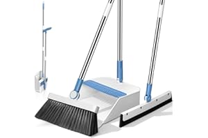 Almcmy Broom and Dustpan Set, Broom with Dustpan & Floor Squeegee, Long Handle Dustpan and Brush Set, Upright Standing Dust P