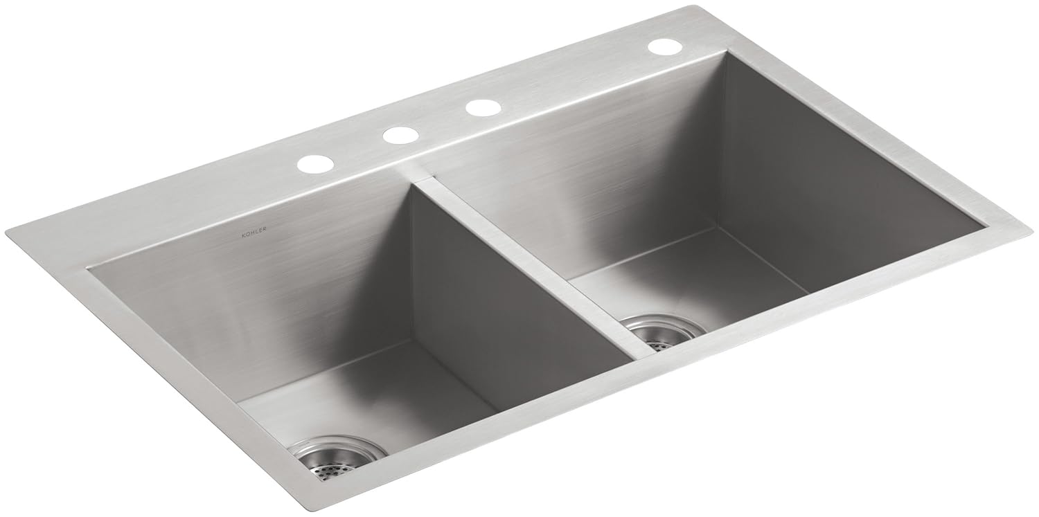 KOHLER Vault Stainless Steel 33" Double-Bowl Kitchen Sink with Four Faucet Holes K-3820-4-NA Drop-In or Undermount Installation, 9 inch Bowl