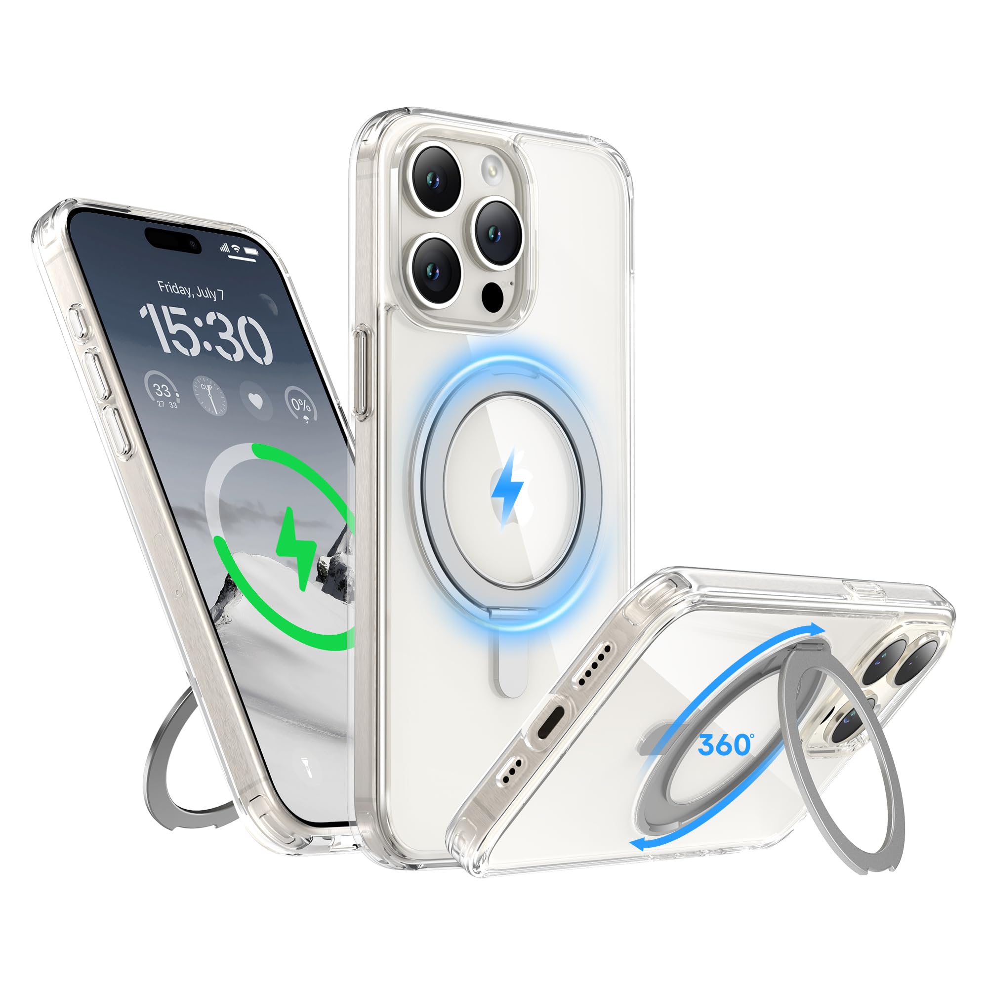 Niunisi Stand for iPhone 15 Pro Case, [Compatible with Mag Safe] 360° Rotatable Ring Holder Kickstand Military Shockproof Protective Case for iPhone 15 Pro 6.1 Inch, Clear