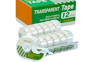 VEESA Transparent Tape with Dispenser, 3/4 x 1000 Inches, 12 Rolls Clear Tapes for Christmas Gift Wrapping, Office & School Supplies