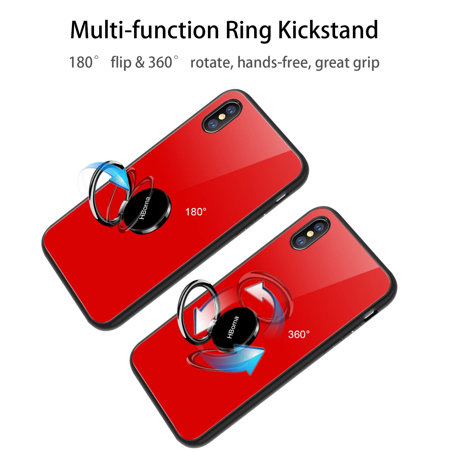 Coque iPhone X, Coque iPhone 10 avec Béquille Porte-Anneau, 9H Couverture Arrière en Verre trempé et TPU Bupmer Anti-Scratch Housse pour iPhone X (Rouge)
