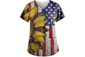 Binmer Womens Scrub Tops Independence Day Shirts American Flag Short Sleeve Working Uniform 4th of July Patriotic Outfits