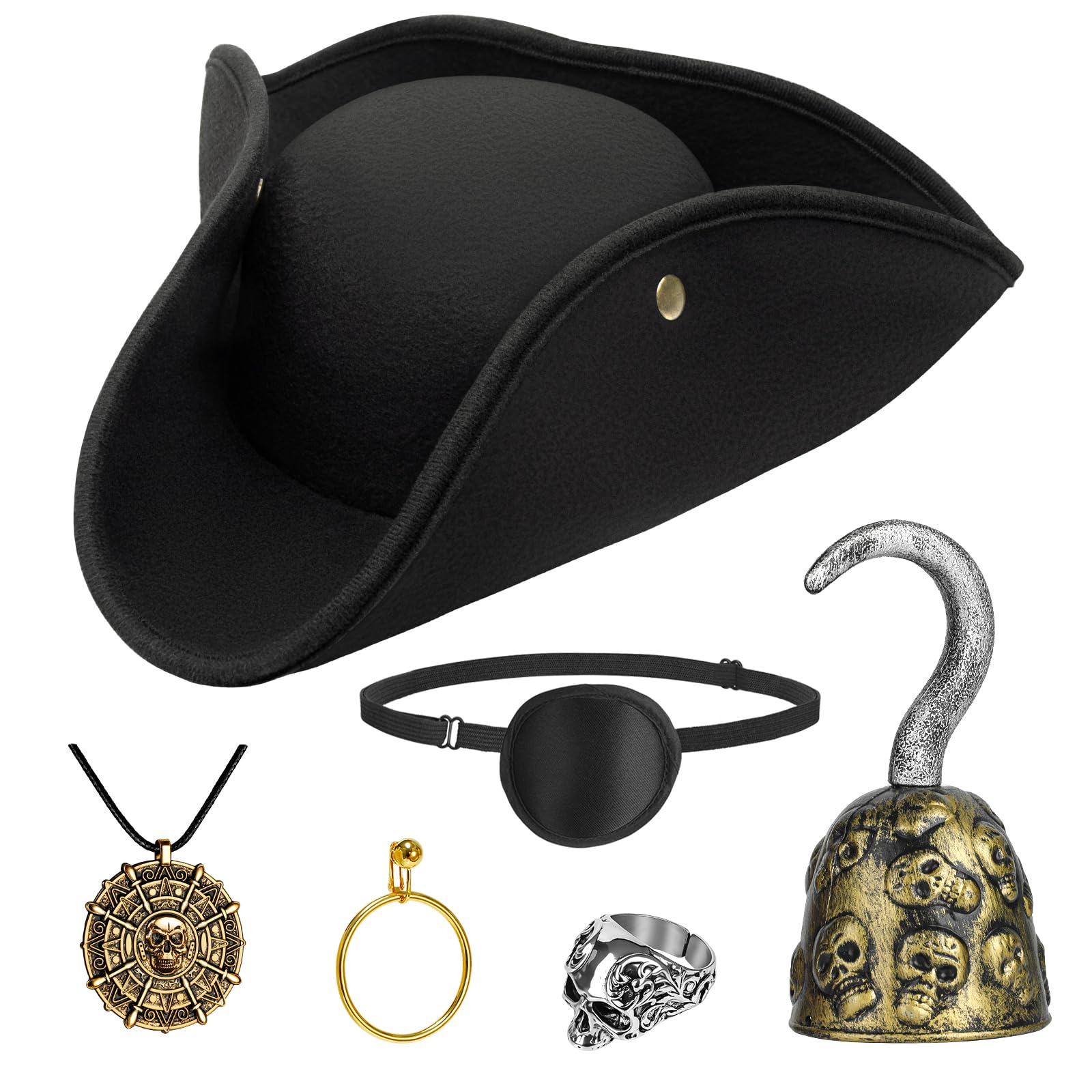 Tanganan Pirate Hat Costume Set, 6 Pcs Halloween Pirate Costume Hat with Skull Head Ring Necklace Hook Earrings Eye Patch Leather Brown Hats for Men Women (Black)