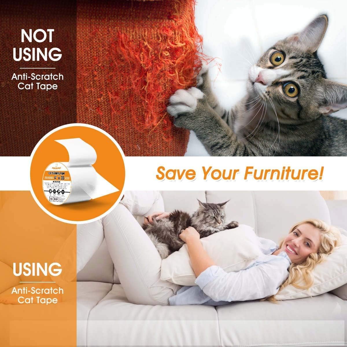 FOCUSPET Cat Scratch Deterrent Tape 4" x 33 Yards (33% Wider) Furniture Protectors from Cats | Cat Training Tape Scratch Pad Double-Sided Furniture Protectors for Sofa, Couch, Door : Pet Supplies
