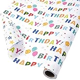 Ulmasinn Reversible Birthday Wrapping Paper Roll for Boys Girls Kids - Mini Roll - 17 Inches X 33 Feet - Colorful Happy Birthday Lettering Balloon and Stars Design for Boy Girls Kids