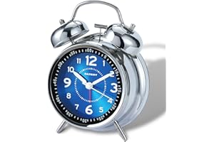 DAXSMY Loud Alarm Clock for Heavy Deep Sleepers, Analog 4.5 Inches Metal Twin Bell Alarm Clocks Battery Operated with Backlight for Bedroom, Old Fashioned Desk Alarm Clock for Home Decoration(Blue)