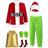 VIONMI Christmas Costume for Men Adult Santa Claus Suit 7PCS Green Furry Monster Deluxe Xmas Halloween Cosplay Outfit