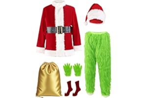 VIONMI Christmas Costume for Men Adult Santa Claus Suit 7PCS Green Furry Monster Deluxe Xmas Halloween Cosplay Outfit