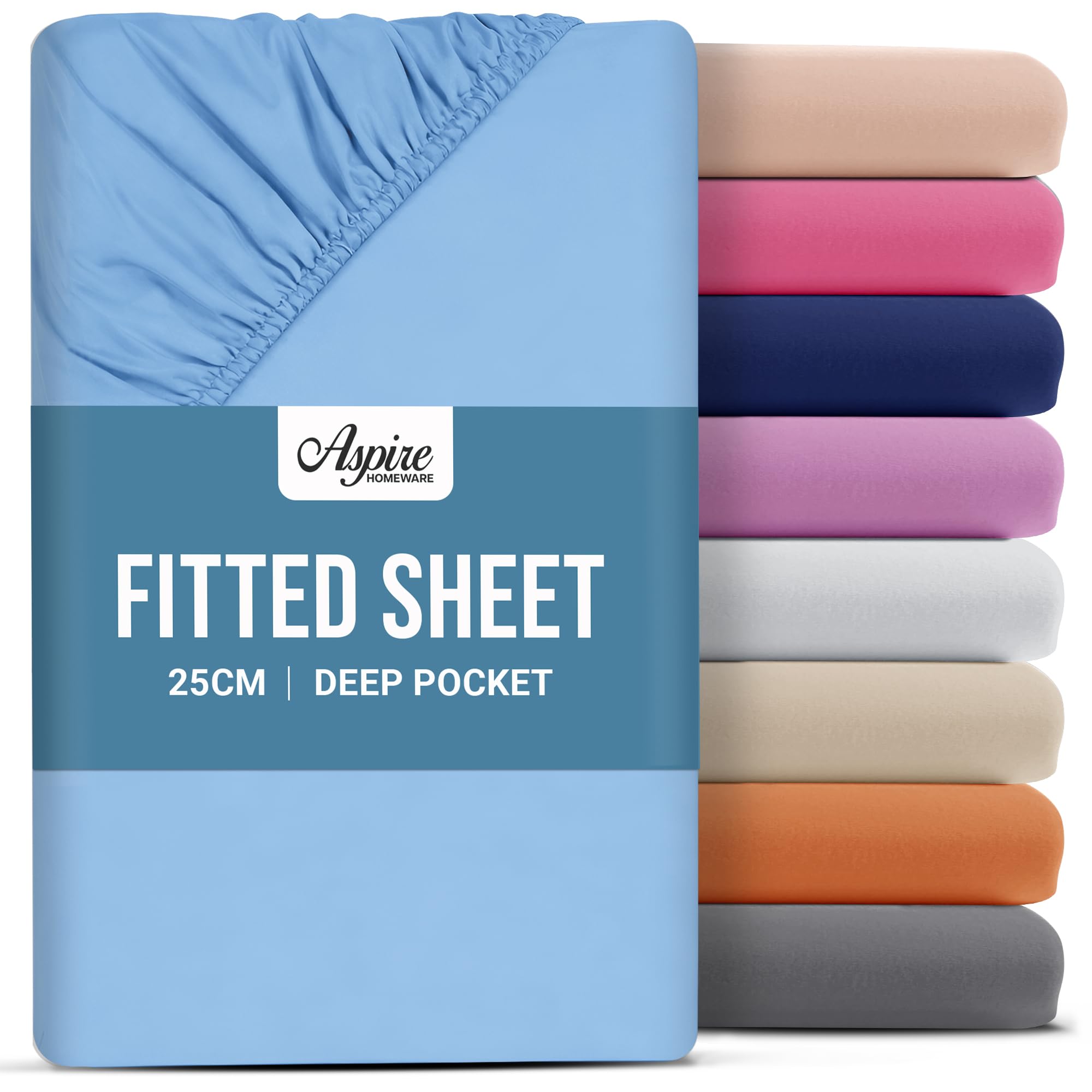 Aspire Homeware Double Fitted Sheet - 25 cm Deep Hotel Quality (Light Blue) Bed Sheets - Soft & Breathable Fitted Bed Sheets Double - Anti-Wrinkle Easy Care Fitted Sheets
