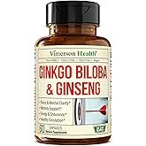 Asian Ginseng and Ginkgo Biloba Supplements – Panax Ginseng Extract 700mg + Ginko Biloba 720mg – Nootropic Brain Supplement for Memory, Focus & Sustained Energy – 60 Easy-to-Swallow Capsules