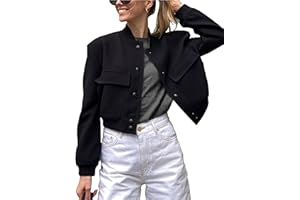 Lumister Women's Fashion Cropped Button Down Lightweight Cropped Bomber Jacket Varsity Shacket with Side Pockets
